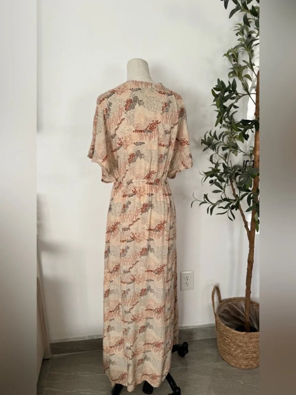 PAMPELONE - Boho Abstract Print Maxi Dress M Linen Rayon Blend Flowy Neutral - Picture 2 of 4